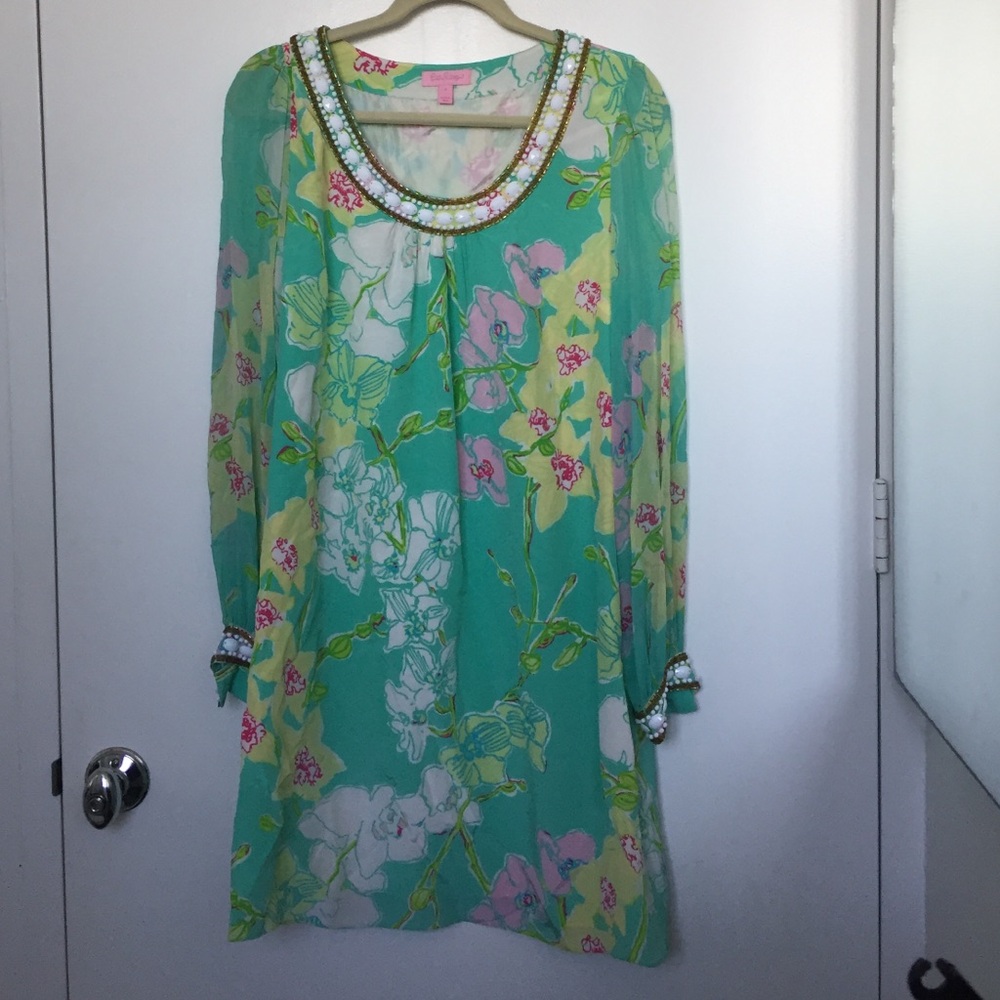 Lilly Pulitzer Women's 100% Silk Floral Beaded Neck Tunic Dress - Green